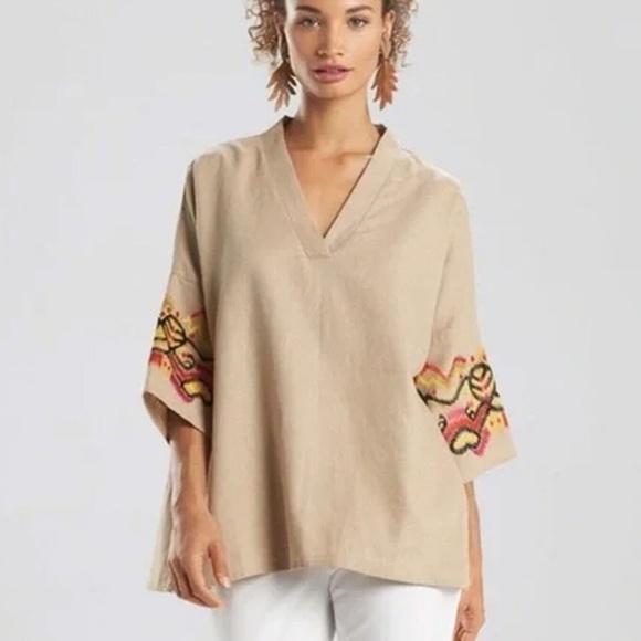 Natori Beige Tan Embroidery Linen V-Neck Dolman Sleeve Tunic Top Women's Size L - Picture 3 of 17